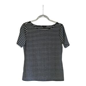 Ann Taylor Womens M Blouse Navy White Striped S/S Boat Neck Ribbed Stretch